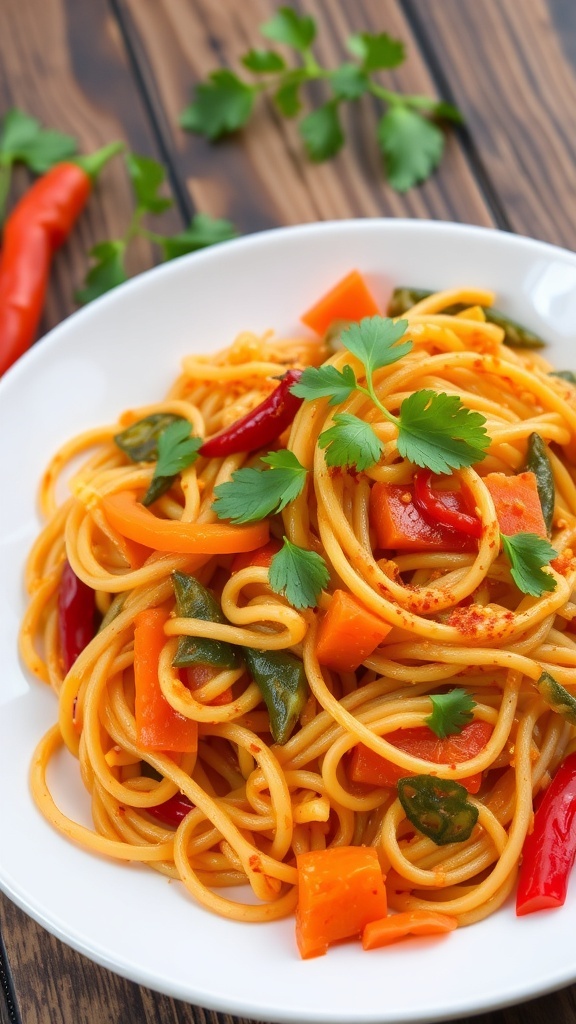 A colorful plate of spicy noodles masala with vegetables, garnished with coriander leaves.